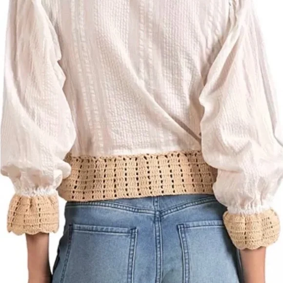 Elan Beige Crochet Blouse with White Sleeves - Picture 2 of 12